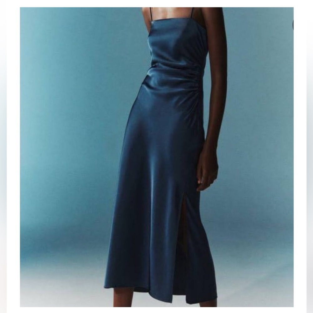 House of Harlow Rouched Waist Midi Slip Dress in Navy Blue Cocktail Formal M